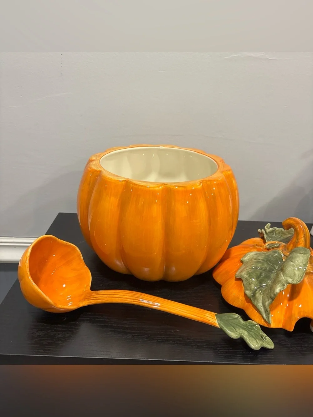 Pumpkin Ceramic Canister Leaf Lid soup turine ladel brand new Halloween holiday